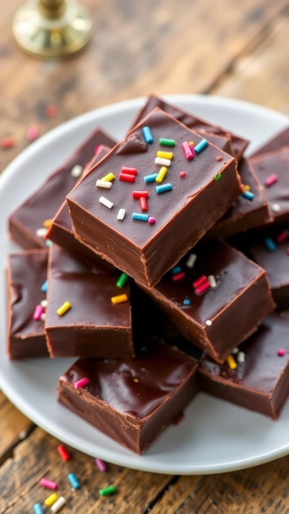 Delicious chocolate fudge squares with sprinkles on a white plate, set on a rustic wooden table.
